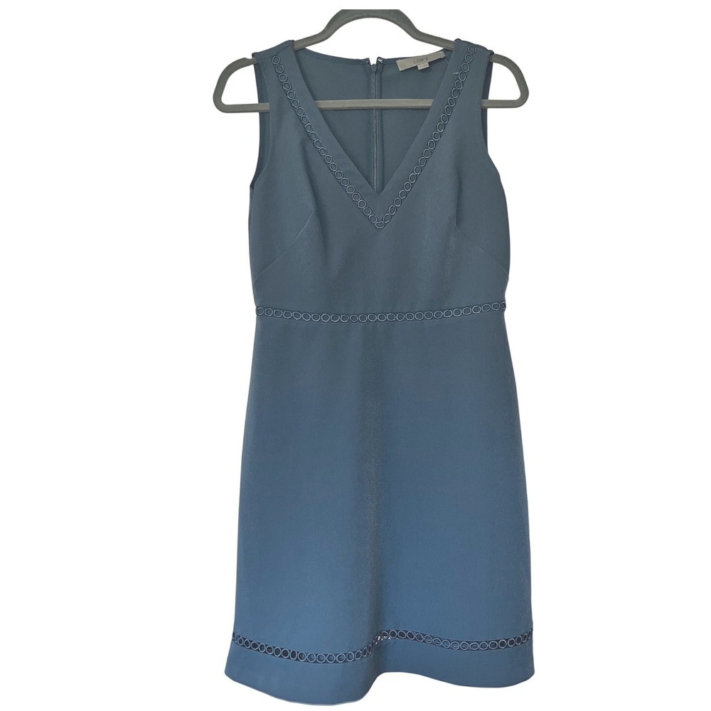 LOFT Women's Sleeveless Dress - V-Neck Teal Blue - Circle Trim - Career Cocktail